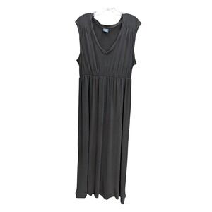 Minimalist Maxi Dress Women Large Black V-Neck Cap Sleeve Empire Waist Casual